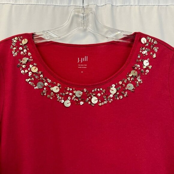 J Jill Womens Gilded Tee T-Shirt Red Long Sleeve Scoop Neck Embellished Sequin M - Picture 5 of 11